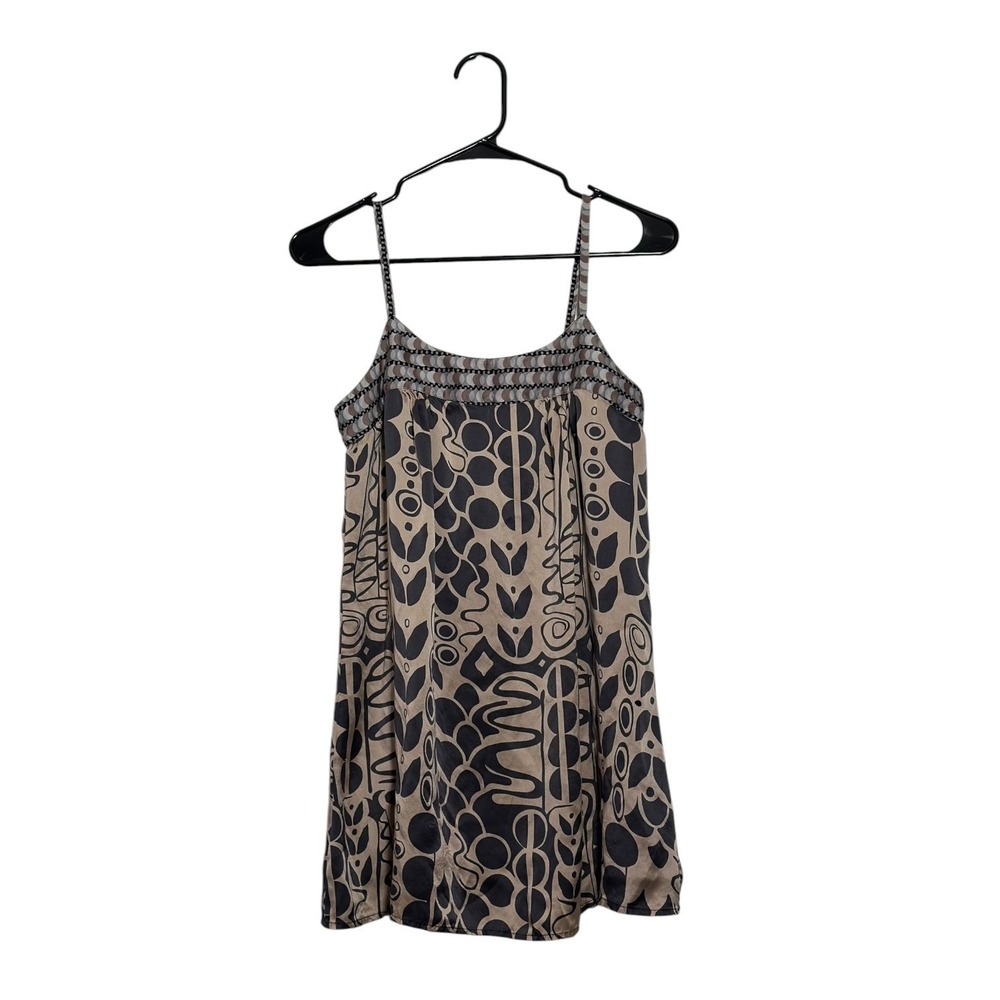 Emphasis Boho Chic 100% Silk Cami Abstract Geometric Tank Top Tan Black Size 2